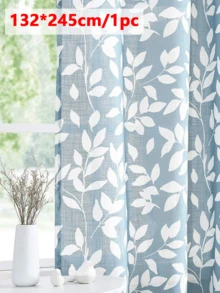 1pc Blue Leaf Print Waterproof Reusable Washable Curtain, Rope Loop Linen-Look Sheer Leaf Print Curtain, Suitable For Windows, Living Room, Bedroom, Bathroom, Kitchen - Baby Blue - View 9