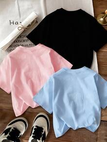 3pcs/Set Tween Girl Capybara Print Round Neck T-Shirt, Summer Top - Baby Blue - View 2