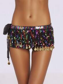 Women's Belly Dance Hip Scarf With Iridescent Sequin Fringe & Coin Tassels, Adjustable Waist Wrap For Performance, Practice & Party Wear (Available In Multiple Colors) - Multicolor - View 17