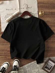 2件套/组：豹纹蝴蝶结装饰短袖T恤+喇叭裤，适合少女的春夏套装 - 黑色 - 查看 4