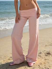 Women's Low Waist Wide Leg Pants Ruched Waist Casual Relaxed Fit Trousers - Pink - View 4