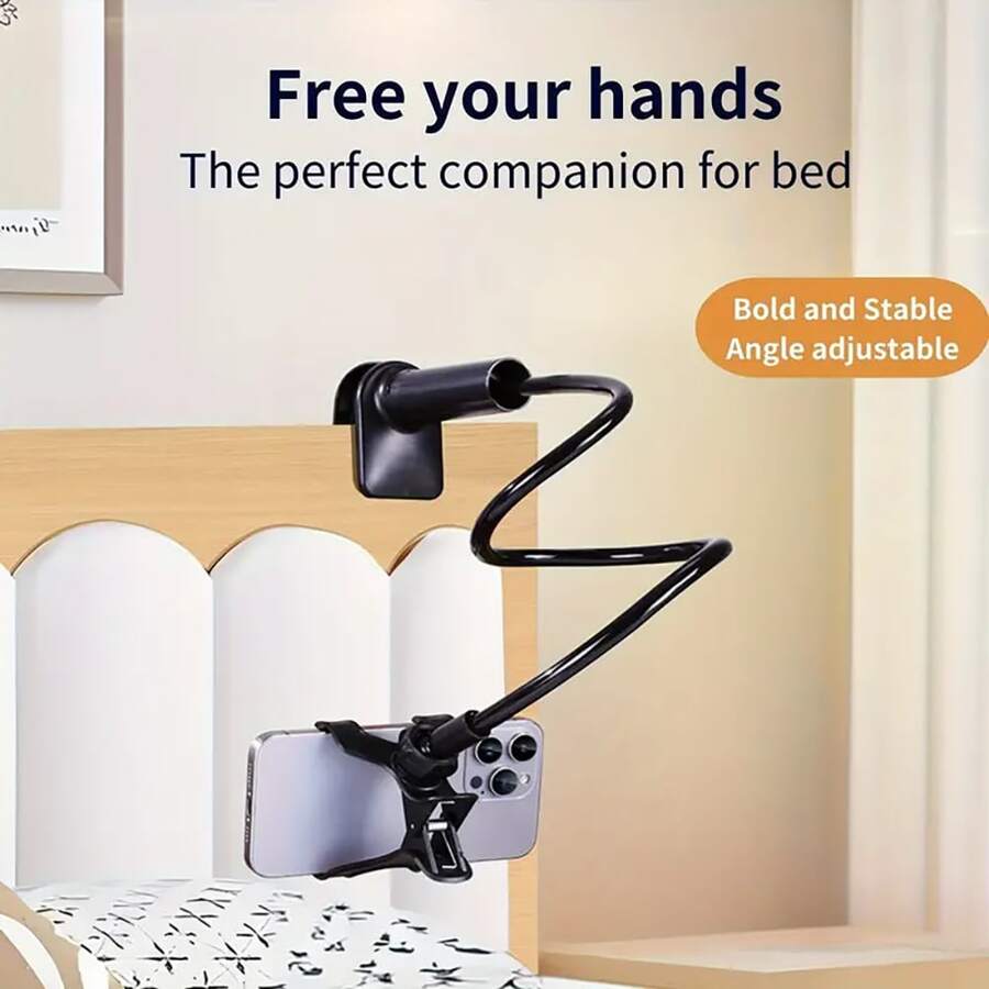 1pc Multi-Function Phone Holder, Adjustable Gooseneck Clamp Phone Stand - Universal 360° Flexible Mount, Suitable For Bedside Slouchy Arm Clip Stand - Black - View 1