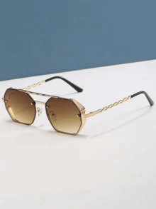 1pc Women's Double-Bridge Polygonal Metal Frame Chain Temples Fashion Fashion Glasses - Golden Double Tea - View 4