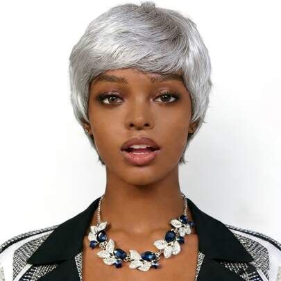 Beaushine Gray Layered Short Pixie Cut Wigs For Women Real Human Hair Pixie Cut Wig With Bangs Straight Wigs Virgin Human Hair 150% Density Remy Hair Glueless Wig Machine Made Non Lace Wig Suit Everyone Daily Use