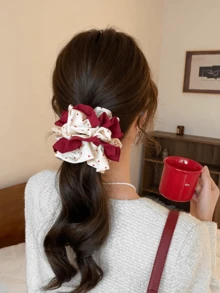 1pc Red & White Polka Dot Scrunchie, Sweet & Elegant Large Bun Holder Hair Accessory, Versatile Hair Tie - Red and White - View 7