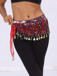 Women's Belly Dance Hip Scarf With Iridescent Sequin Fringe & Coin Tassels, Adjustable Waist Wrap For Performance, Practice & Party Wear (Available In Multiple Colors) - Multicolor - View 5