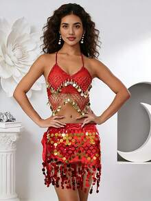 Belly Dance & Carnival Party Bra & Hip Scarf Set Halter Neck With Sequin Coin Tassel Dance Practice & Stage Party Outfit (Multiple Colors Available) - Multicolor - View 8
