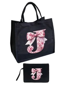 粉色花卉蝴蝶结字母亚麻手提包套装，含拉链化妆包，情人节礼物，女友礼物，多功能便携手提包，教师节礼物，女士礼物，字母印花手提包，化妆包，精美旅行沙滩包 - 彩色 - 查看 22