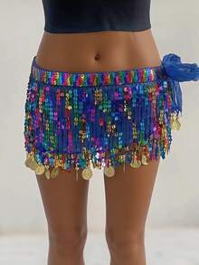 Women's Belly Dance Hip Scarf With Iridescent Sequin Fringe & Coin Tassels, Adjustable Waist Wrap For Performance, Practice & Party Wear (Available In Multiple Colors) - Multicolor - View 11