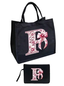 粉色花卉蝴蝶结字母亚麻手提包套装，含拉链化妆包，情人节礼物，女友礼物，多功能便携手提包，教师节礼物，女士礼物，字母印花手提包，化妆包，精美旅行沙滩包 - 彩色 - 查看 19