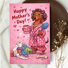 1pc Mother'S Day Greeting Card | Cartoon Sausage Dog In Robe Holding Coffee And Feather Duster Saying "World'S Best Mom" | Invitation Pocket, Paper Material - Multicolor - View 6