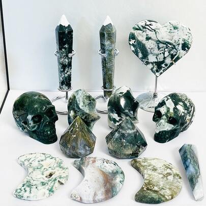 Varita de ágata de musgo de cristal, cráneo, corazón, luna, llama, diamante, talla de ágata de musgo, talla de cristal, para colección de cristales, decoración del hogar, sanación, regalo.