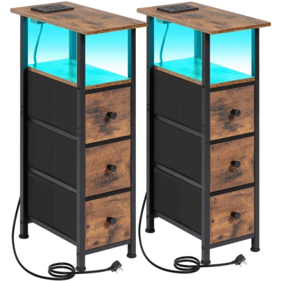 AMHANCIBLE Slim Bedside Table Set Of 2 With Charging Station, Narrow Side Table With LED Lights, Sofa Table With 3 Fabric Drawers, Small End Table, Nightstand For Small Spaces, Living Room, Bedroom, Rustic Brown UTETNDP03LBR