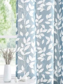 1pc Blue Leaf Print Waterproof Reusable Washable Curtain, Rope Loop Linen-Look Sheer Leaf Print Curtain, Suitable For Windows, Living Room, Bedroom, Bathroom, Kitchen - Baby Blue - View 3