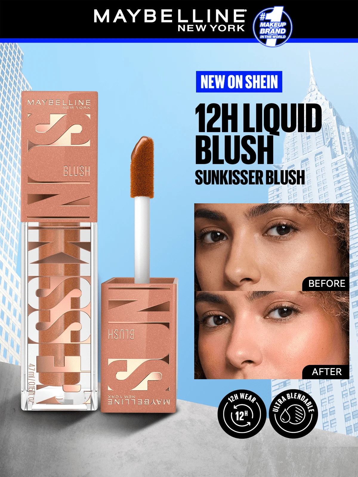 Maybelline Sunkisser 液体光泽腮红 #11 电光古铜色,液体腮红,可叠加显色,亮泽妆效,0.15 盎司/4.7 毫升 - 腮红,液体腮红,古铜色,面部,夏日心情,夏季彩妆,Y2K - 電青銅 - 查看 1