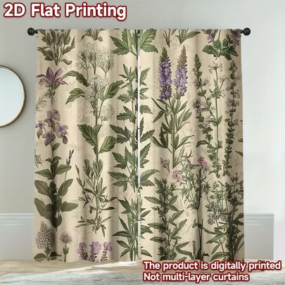 2PCS Retro Rural Style Plant Pattern Curtains -100% Polyester Fiber Translucent Design, Artistic Floral And Herbal Patterns, Pole Mouth Installation, Suitable For Kitchen, Living Room, Balcony, Bedroom - Machine Washable All Season Home Decoration, Natural Inspiration Design, Smooth Fabric, Coffee Shop Window Decoration, Curtains, Decorative Window Panels, Coffee Shop Exclusive, 160gsm