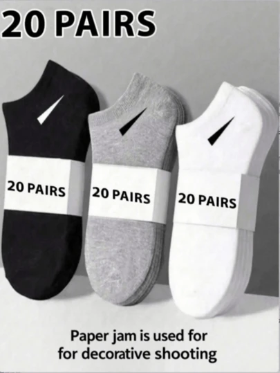 20 Pairs Unisex Ankle Socks, Sports Socks, White/Black/Gray Short Socks, Comfortable Breathable Slash Pattern Classic Solid Color Simple Fashion Socks, Suitable For Daily Casual Wear