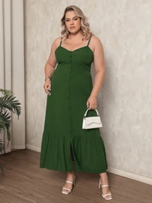 Women's Plus Size Long Dress In Plain Viscose With Padded Bra, Adjustable Straps And Front Buttons - Army Green - View 5