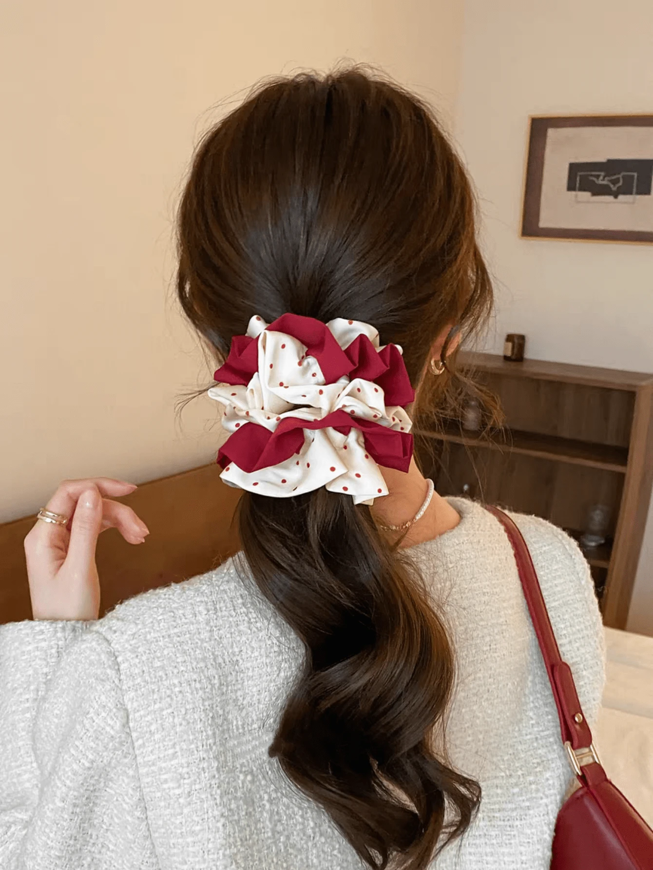 1pc Red & White Polka Dot Scrunchie, Sweet & Elegant Large Bun Holder Hair Accessory, Versatile Hair Tie
