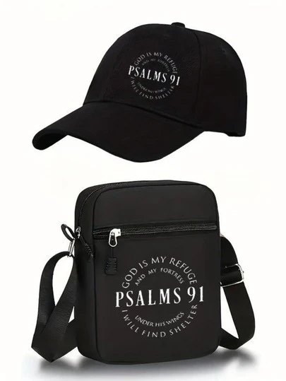 1pc/2pcs Fashion Bible Verse Psalm 91 Design Print Baseball Cap And Crossbody Bag Set, Streetwear Sports Cap And Shoulder Bag, Adjustable, Gift For Yourself Or Friends