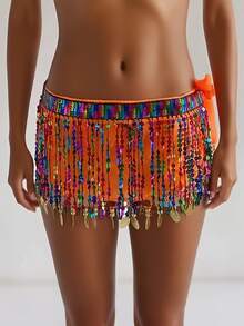 Women's Belly Dance Hip Scarf With Iridescent Sequin Fringe & Coin Tassels, Adjustable Waist Wrap For Performance, Practice & Party Wear (Available In Multiple Colors) - Multicolor - View 19