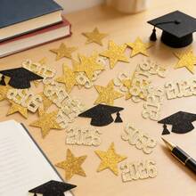 200pcs Graduation Season Mixed Design Paper Confetti, Including Graduation Cap And Star Patterns, Suitable For Desktop Decoration And Event Decor, Adding Ceremonial And Commemorative Elements To Graduation Ceremony - Black Gold - View 5