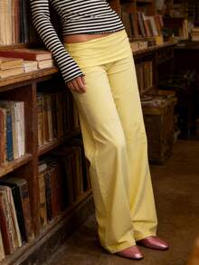 Women's Y2k Wide Leg Pants Low Rise Fold Over Waist Solid Color Casual Trousers Spring Fall Loose Sweatpants Bottoms Streetwear - 黃色 - 查看 5