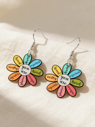 2D Floral Motivational Acrylic Pendant Earrings, Lightweight Colorful Earrings Suitable For Women's Casual Daily Wear, Also A Perfect Gift For Holidays And Anniversaries