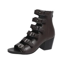 女士棕色新款时尚朋克风圆头镂空鞋面皮带扣装饰夏季户外休闲派对后拉链设计套脚粗跟踝靴凉鞋 - 棕色 - 查看 8