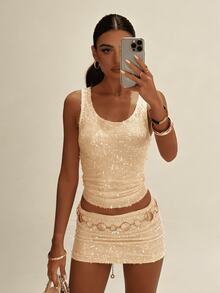 Womens Two Piece Summer Outfits Glitter Sequin Sleeveless Tank Tops And Mini Skirt Set Clubwear - Rượu sâm banh - Xem 2