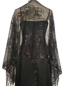 1 pièce/Châle brodé transparent pour femmes, design de chrysanthème doré avec paillettes et franges, vêtement d'extérieur léger et translucide, convient pour la mariée, la demoiselle d'honneur, le mariage, la soirée, la fête de cocktail, l'assortiment de robe de bal - Multicolore - Voir 7