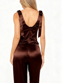 Women's Satin Tank Top Slim Fit  Solid Color Tie Shoulder V Neck Sleeveless Vest Shirt Boho Elegant Low Cut Party Club Streetwear Teen Girl Going Out Streetwear Summer Concert Outfits - 深棕 - 查看 3