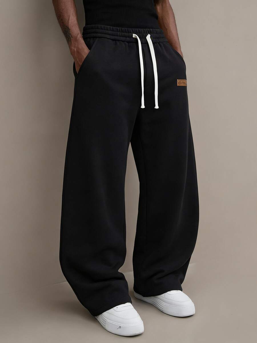 Unisex Solid Color Drawstring Sweatpants, Loose Wide-Leg Design, Lightweight Fabric For Spring And Summer, Comfortable For Commuting And Everyday Wear. - 黑色 - 查看 1