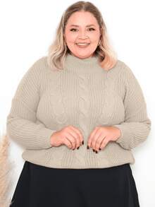 Women's Plus Size Blouse High Neck Knit Winter Cold Elegant Modern - Cream - View 3