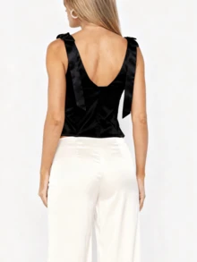 Women's Satin Tank Top Slim Fit  Solid Color Tie Shoulder V Neck Sleeveless Vest Shirt Boho Elegant Low Cut Party Club Streetwear Teen Girl Going Out Streetwear Summer Concert Outfits - 黑色 - 查看 5