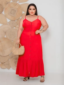 Women's Plus Size Long Dress In Plain Viscose With Padded Bra, Adjustable Straps And Front Buttons - Red - View 6