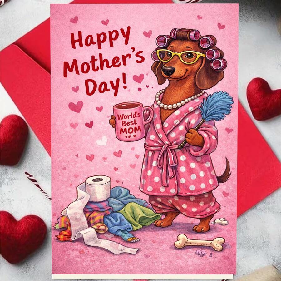 1pc Mother'S Day Greeting Card | Cartoon Sausage Dog In Robe Holding Coffee And Feather Duster Saying "World'S Best Mom" | Invitation Pocket, Paper Material