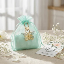 36件/12套蝴蝶鑰匙圈禮品組，12件紫色壓克力鑰匙圈、12件棕色卡片與12件歐根紗抽繩袋，適合性別揭曉派對、生日、婚禮、聖誕派對，送給同事與朋友的完美禮物 - 綠色 - 查看 7