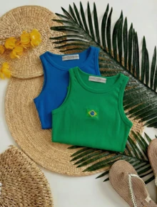 KIT 2 Tank Tops With Embroidered Brazilian Flag - 藍/綠 - 查看 1