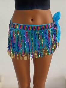 Women's Belly Dance Hip Scarf With Iridescent Sequin Fringe & Coin Tassels, Adjustable Waist Wrap For Performance, Practice & Party Wear (Available In Multiple Colors) - Multicolor - View 9