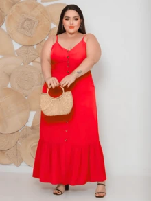 Women's Plus Size Long Dress In Plain Viscose With Padded Bra, Adjustable Straps And Front Buttons - Red - View 5
