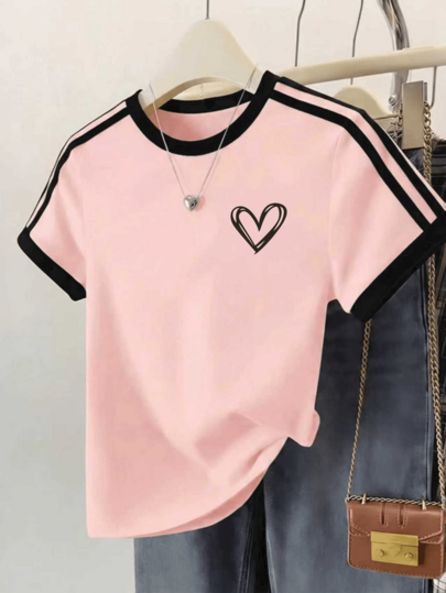 Tricou de vară cu mânecă scurtă imprimat la modă pentru femei, stil casual, roz
