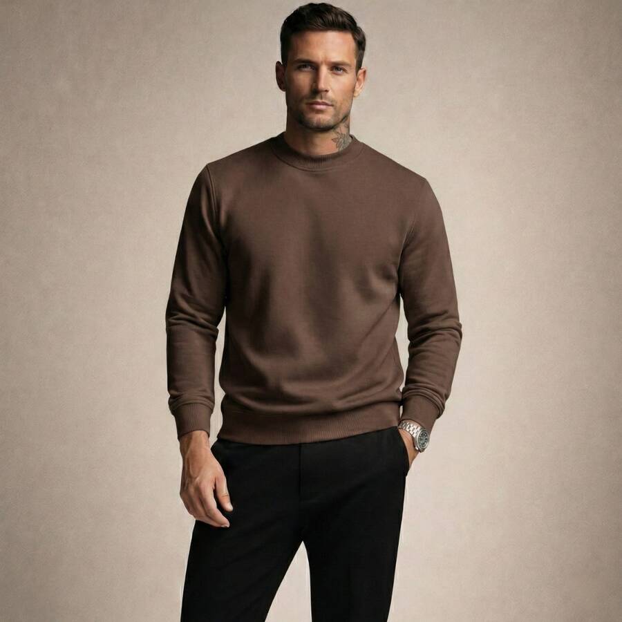 Crew Neck Sweatshirt, Versatile Winter Sweater, Premium Outerwear For Maximum Comfort. - Rust Brown - View 1