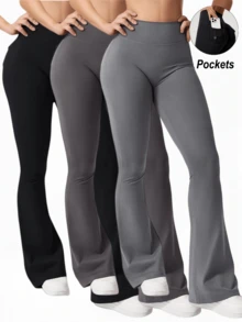 3PCS  Womens Fashion Casual Minimalist Butt-Lifting Peach Shaping Elegant Streetwear Retro Slimming Low-Key Luxury Playful Cute Youthful Campus Classic Leg-Lengthening Romantic Simple Three-Piece Set Energetic High-End Maillard Body-Hugging High-Waisted Versatile Multi-Colored Flared Pants ,Workout Running Leggings ,Gym Work Pants, Exercise, Cycling,Yoga - 3Pcs 3colors-1 - 查看 2