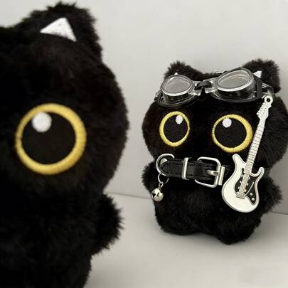1pc Punk Black Cat Plush Doll With Detachable Mini Guitar & Goggles, Soft Stuffed Doll, Children Gothic Decor Birthday Gift Party Favor Room Ornament (Single)