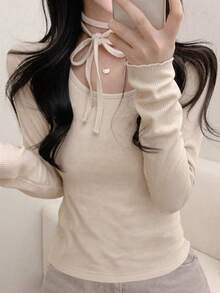 修身系带长袖女式T恤，简约风格，春秋休闲款 - 杏色 - 查看 2