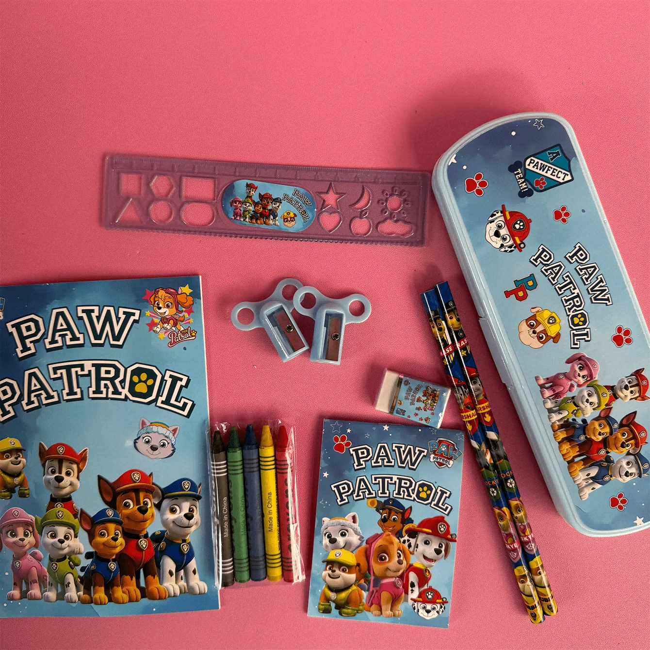 Paw Patrol Cartoon Ruler, Pencil Sharpener, Pencil Case, Eraser, Notebook Set, Creative Drawing & Office Supplies, Learning Tools; Paw Patrol Cute Puppies Achy, Rubble, Rocky, Zuma, Skye And Chase Stationery Set, Birthday, Back To School Gift, Classroom Supplies, Gift Box - Multicolor - View 1