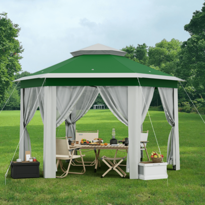 13' X 13' Gazebo, Hexagonal Canopy Shelter With 6 Zippered Mesh Netting, Event Tent With Strong Steel Frame For Patio Backyard Garden Wedding Party