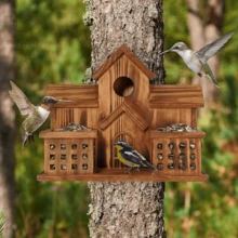 Large Outdoor Birdhouse, Outdoor Aviary With Feeding Station, Handcrafted Natural Hummingbird House, Outdoor Three-Hole Birdhouse, Rooms For Three Types Of Birds, Blue Finch, Red Finch, Suitable For Backyard, Garden, Courtyard, Terrace Decoration - 查看 4