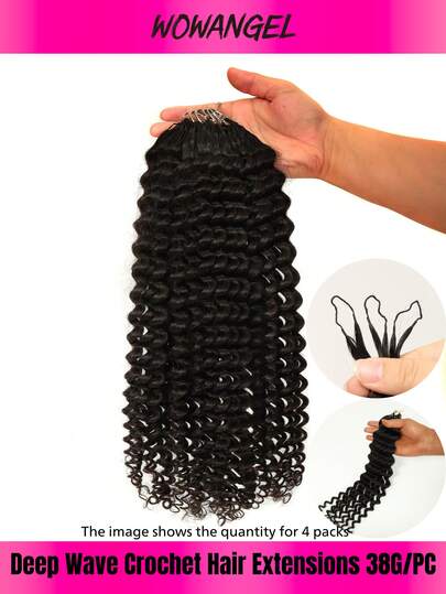 WOWANGEL 14-24 Inch Deep Wave Feather Crochet Human Hair Extensions, Tight Curly, Pre-Separated, No Knots, With Braiding Rings, 38g/Piece, Women Crochet Human Hair Extensions